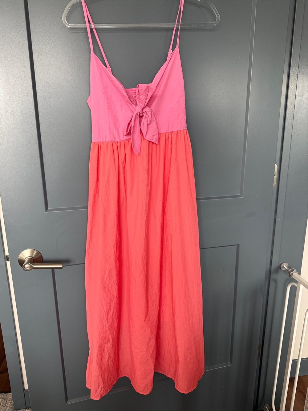 Pink & Coral Tie-Front Midi Dress with Spaghetti Straps